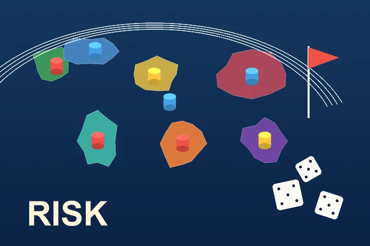 نقشه‌ی رنگی با مهره‌های ارتش و تاس و نوشته‌ی RISK